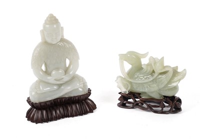 Lot 352 - A carved bowenite figure of a Buddha; and an Oriental carved bowenite figure of a bird