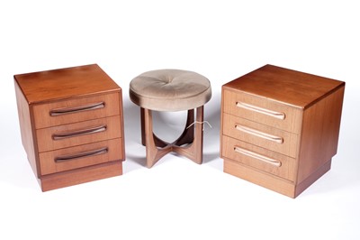 Lot 7 - G-Plan: a ‘Fresco’ pair of teak three drawer bedside cabinets and dressing table stool