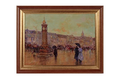 Lot 176 - Ken Moroney - European city square figures on a rainy day | oil on board