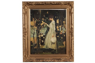 Lot 99 - 20th Century British School - A girl picking flowers in a white dress | oil