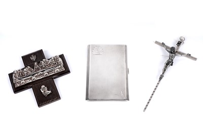 Lot 237 - A George V silver cigarette case; a crucifix; and another cross