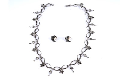 Lot 208 - An antique silver and marcasite fringe necklace; and earrings