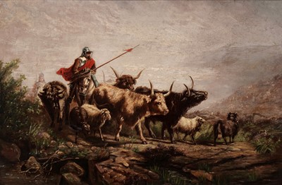 Lot 990 - In the manner of Richard Beavis - Border Reivers Ride Through Cattle | oil