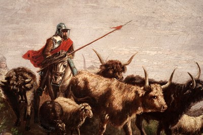 Lot 990 - In the manner of Richard Beavis - Border Reivers Ride Through Cattle | oil