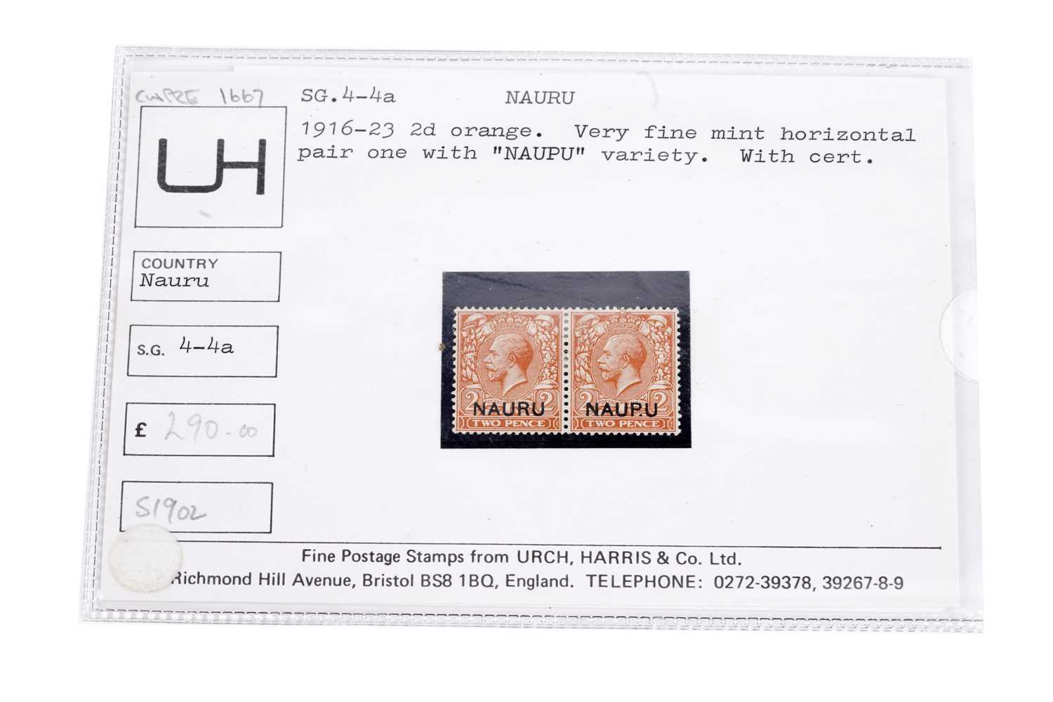Lot 827 - Nauru 1916-23 pair of 2d. orange stamps with error