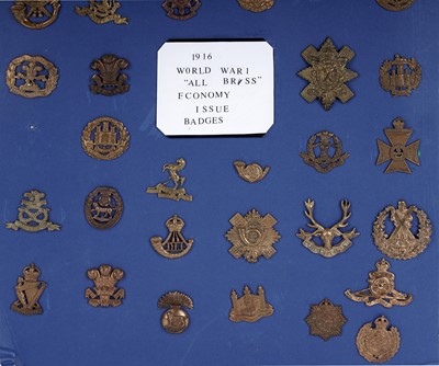 Lot 2 - A First World War (WWI) all brass economy issue display of cap badges
