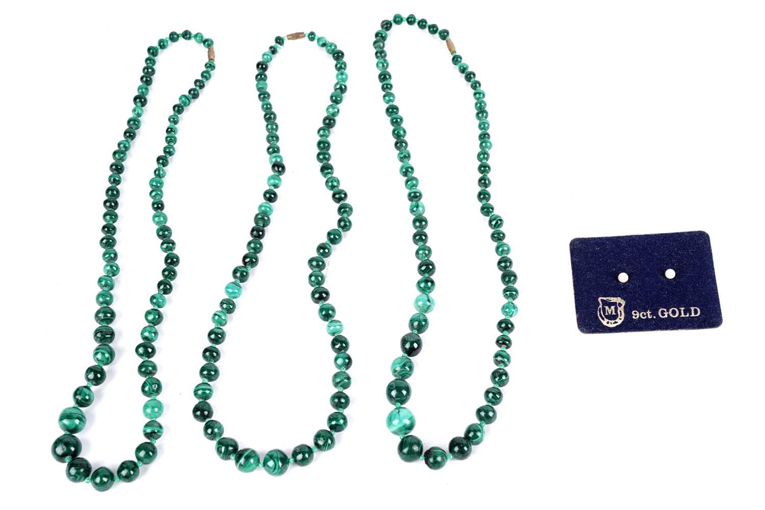 Lot 671 - A set of three malachite bead necklaces; and a pair of cultured pearl earrings