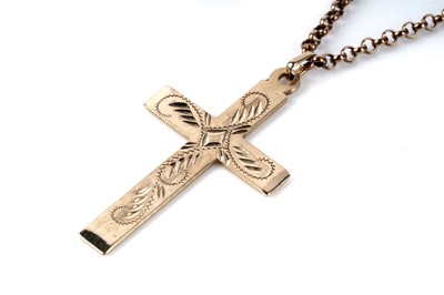 Lot 117 - A 9ct yellow gold crucifix pendant; and a bar brooch