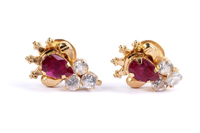 Lot 41 - A pair of Indian synthetic ruby and white stone set earrings; and spare gold backs