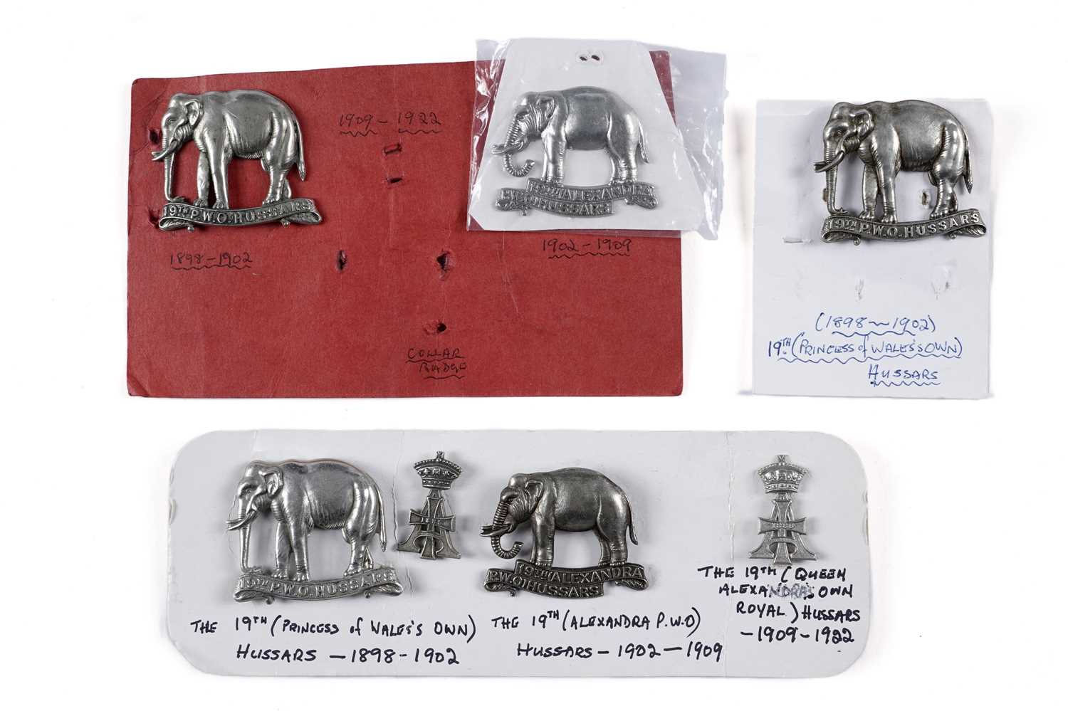 Lot 29 - 19th (Alexandra P.W.O. (Princess of Wales’s Own)) Hussars cap badges and collar badges