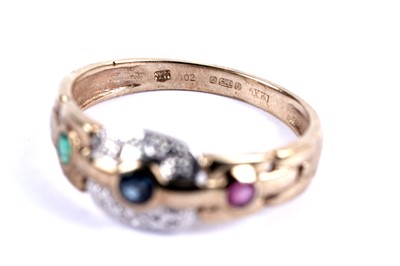 Lot 100 - An emerald, sapphire, ruby and diamond dress ring