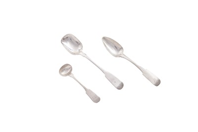 Lot 186 - A Scottish provincial silver sugar spoon; silver Fiddle teaspoon; and a silver Fiddle salt spoon