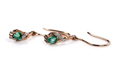 Lot 614 - A pair of emerald and white stone drop earrings; and a a pair of emerald stud earrings