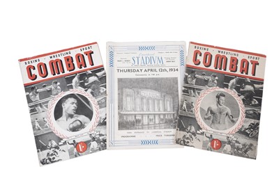 Lot 443 - A Liverpool Stadium boxing programme from 1934; and two copies of Combat Sports