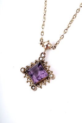 Lot 164 - An Edwardian amethyst and seed pearl pendant necklace; and two others