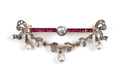 Lot 569 - A late Victorian ruby, diamond and pearl brooch