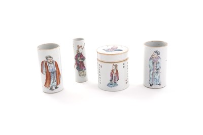 Lot 823 - A Chinese cylindrical lidded jar; and three famille rose sleeve vases