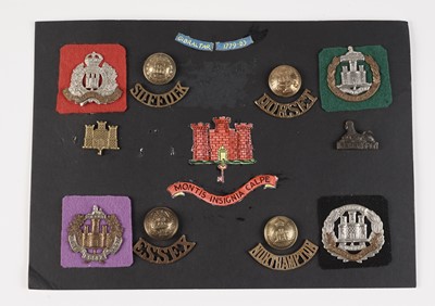 Lot 89 - Three displays of cap badges, collar badges, buttons and titles