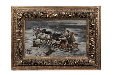 Lot 722 - Adolf "Constantin" Baumgartner-Stoiloff - A Winter View with a Horse-Drawn Sleigh and Wolves | oil