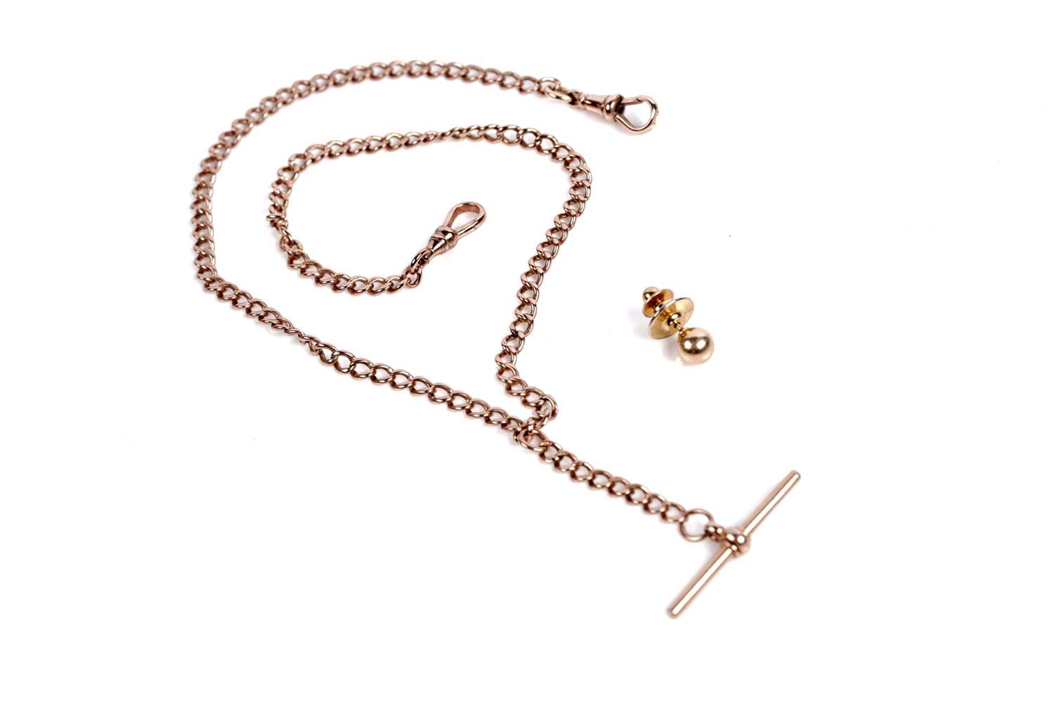 Lot 577 - A 9ct rose gold Albert watch chain; and a yellow gold stud