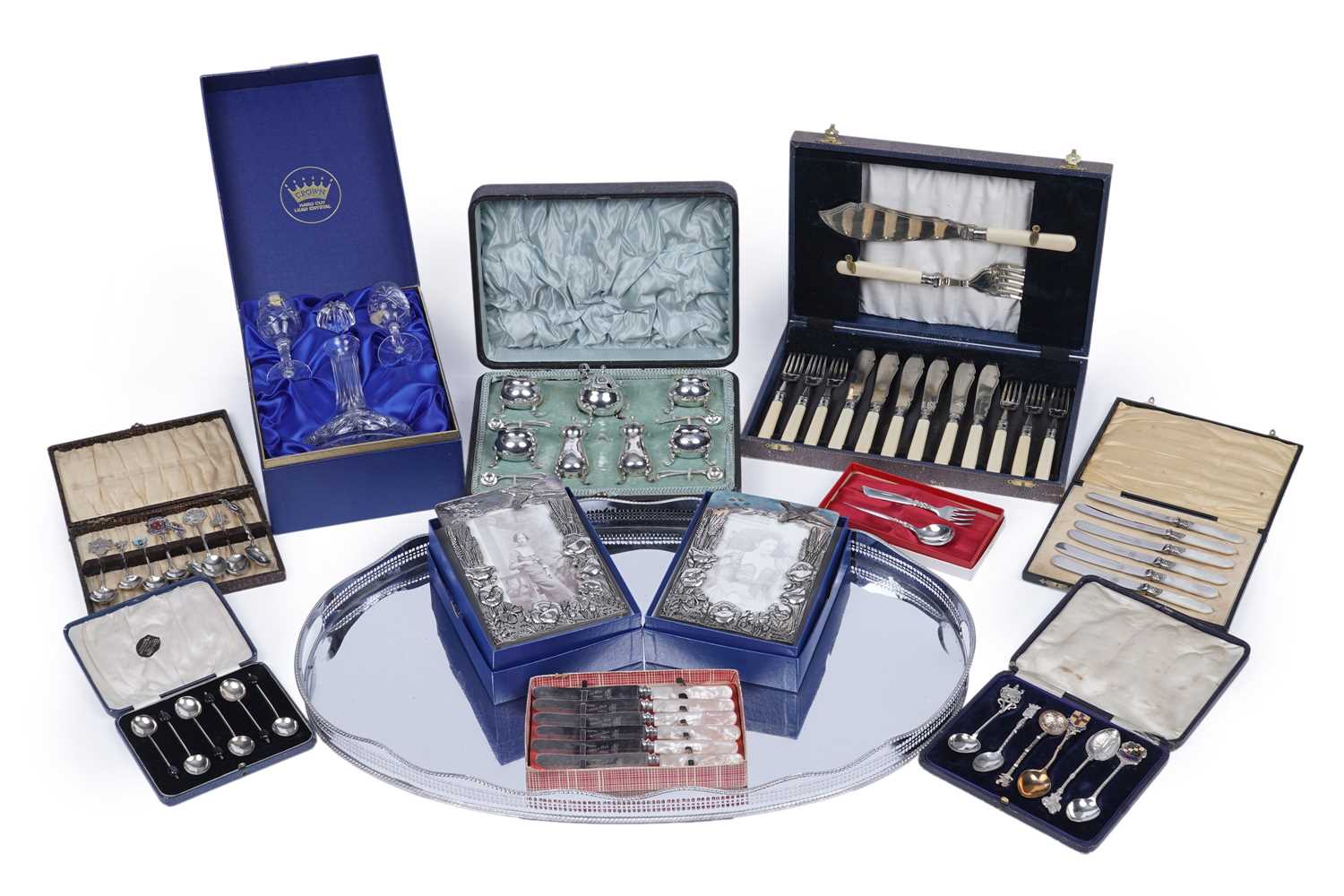 Lot 934 - A selection of silver and plated wares; and a boxed cut-glass decanter and glasses