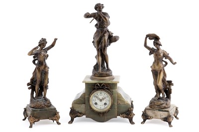 Lot 118 - A.D. Mougin: a French onyx and gilt metal clock and garniture