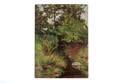 Lot 759 - Isa Jobling - View Up a Stream with Pink Hawthorn Blossoming | oil