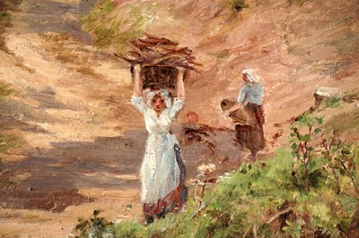 Lot 21 - Isa Jobling - Staithes Girls Gathering Sticks | oil