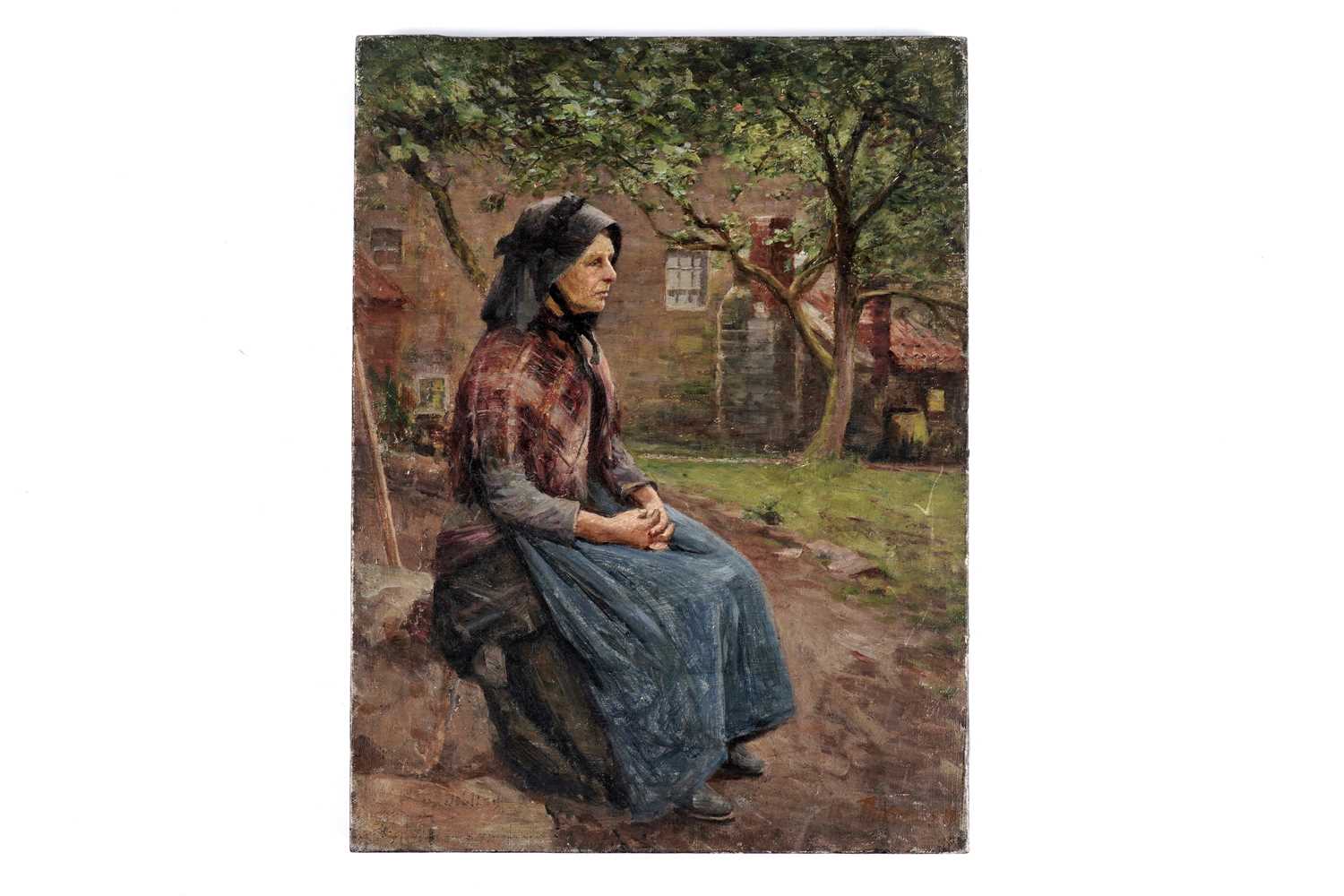 Lot 628 - Isa Jobling - Portrait of a widowed fisherwoman in a black Staithes bonnet | oil