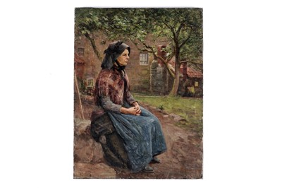 Lot 761 - Isa Jobling - Portrait of a widowed fisherwoman in a black Staithes bonnet | oil
