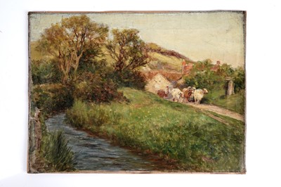 Lot 768 - Robert Jobling - Herding Cattle Out to Pasture | oil
