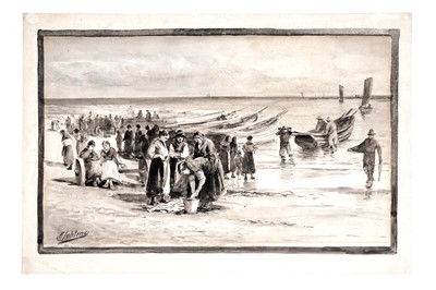 Lot 787 - Robert Jobling - Bringing in the Catch, Fisherfolk on the Shore | watercolour