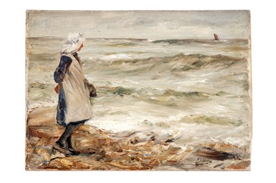 Lot 773 - Robert Jobling - Gazing Out to Sea, A Young Fishergirl Stands on the Shore | oil