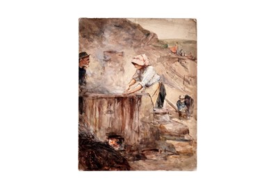 Lot 794 - Robert Jobling - Smoking Fishing on the Shore at Staithes | watercolour