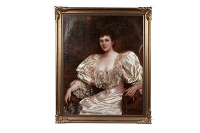 Lot 731 - John Hanson Walker - Three-quarter length portrait of a lady in a white silk evening gown | oil