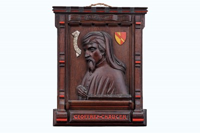 Lot 1026 - G. A. Howitt, Gloucester: a 19th Century carved oak wall plaque of Geoffrey Chaucer