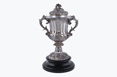 Lot 75 - A William IV silver tea urn or samovar in the form of a two-handled cup and cover