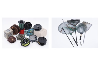 Lot 189 - A collection of fishing reels and landing nets