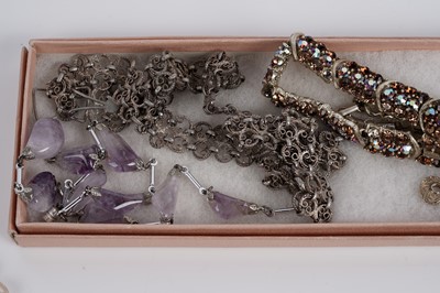 Lot 571 - Antique and modern costume jewellery including: a Victorian sapphire stick pin