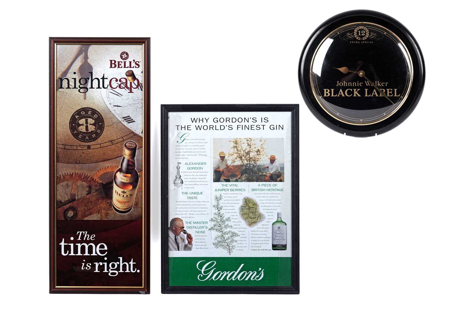 Lot 205 - Two framed advertising posters; and a Johnnie Walker clock