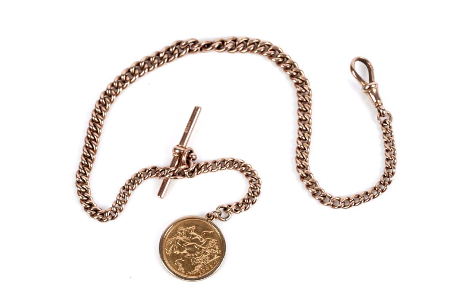 Lot 15 - A 9ct rose gold "Albert" watch chain with 1909 gold sovereign fob