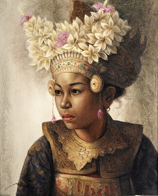 Lot 544 - Raka - Portrait of a girl in traditional dress | oil