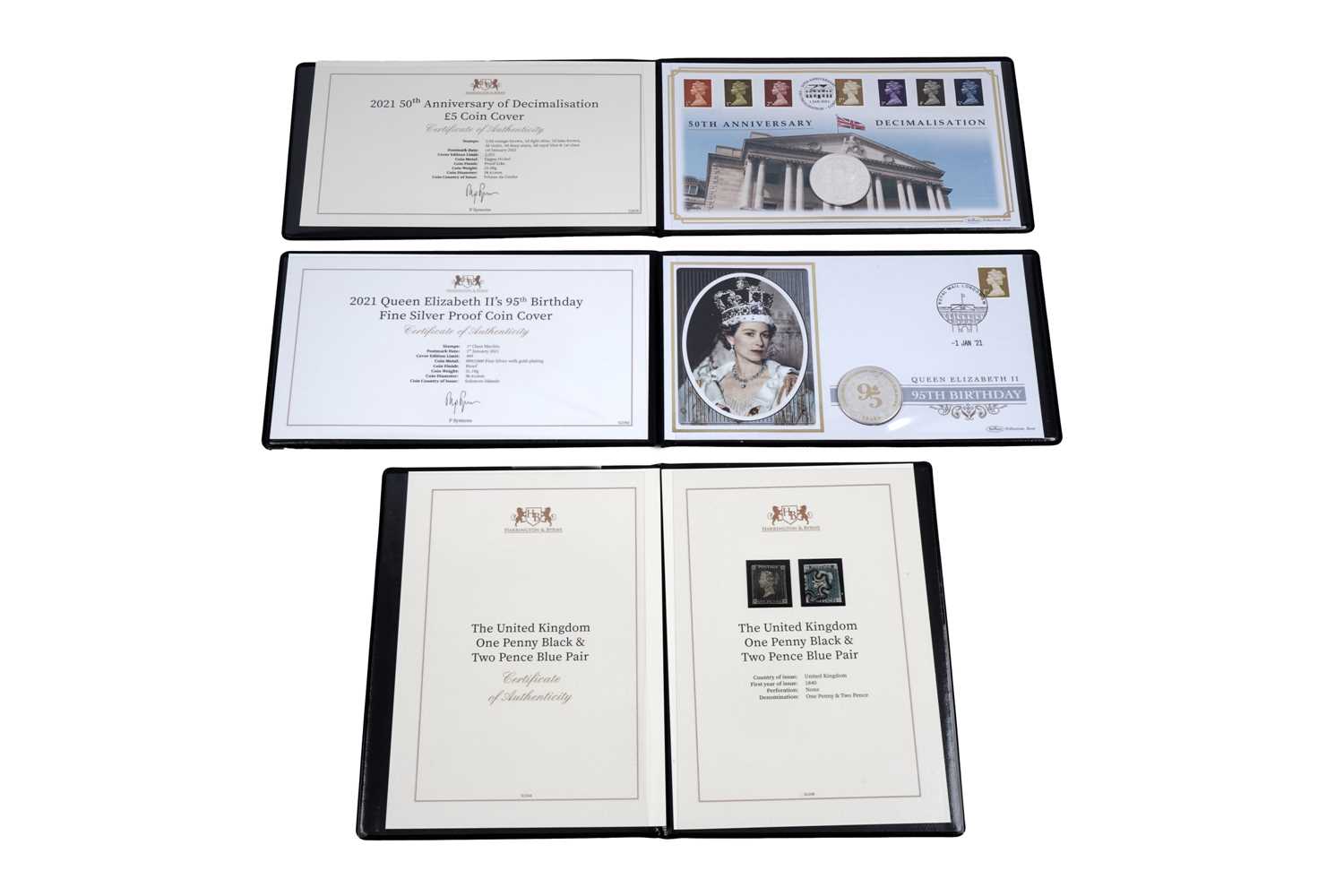 Lot 57 - Penny Black & Two Pence Blue Pair set, by Harrington & Byrne; and two coin sets