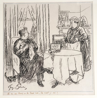 Lot 582 - George Frederick Arthur Belcher - It's no use turning on the news now, the worst is over! | charcoal