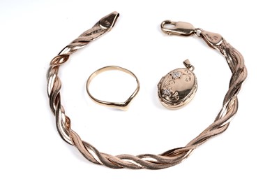 Lot 217 - A 9ct gold bracelet and locket; and a wishbone ring