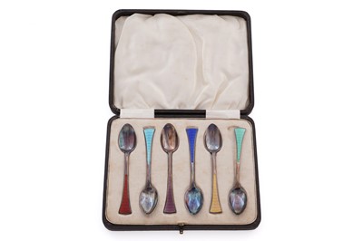 Lot 190 - An Edward VIII cased set of six silver and enamel coffee spoons