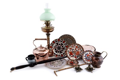 Lot 316 - A Victorian oil lamp with brass reservoir; and copper and brassware