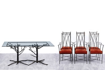 Lot 139 - A contemporary wrought metal dining table; and a set of six wrought metal dining chairs
