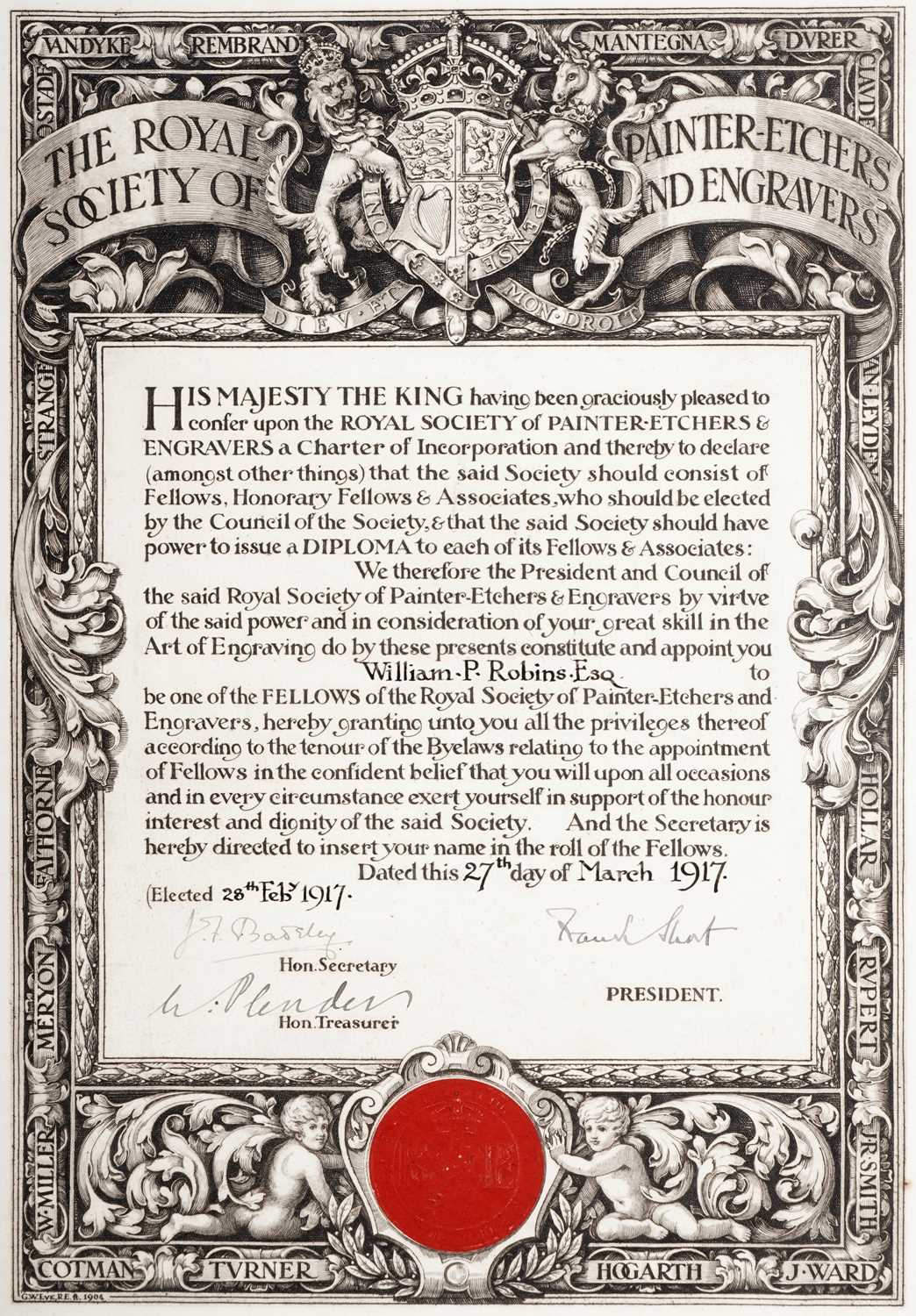 Lot 1 - The Royal Society of Painter-Etchers and Engravers Diploma of membership