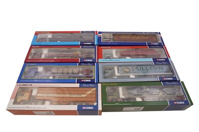 Lot 806 - A collection of eight boxed Corgi 1:50 scale diecast trucks and trailers